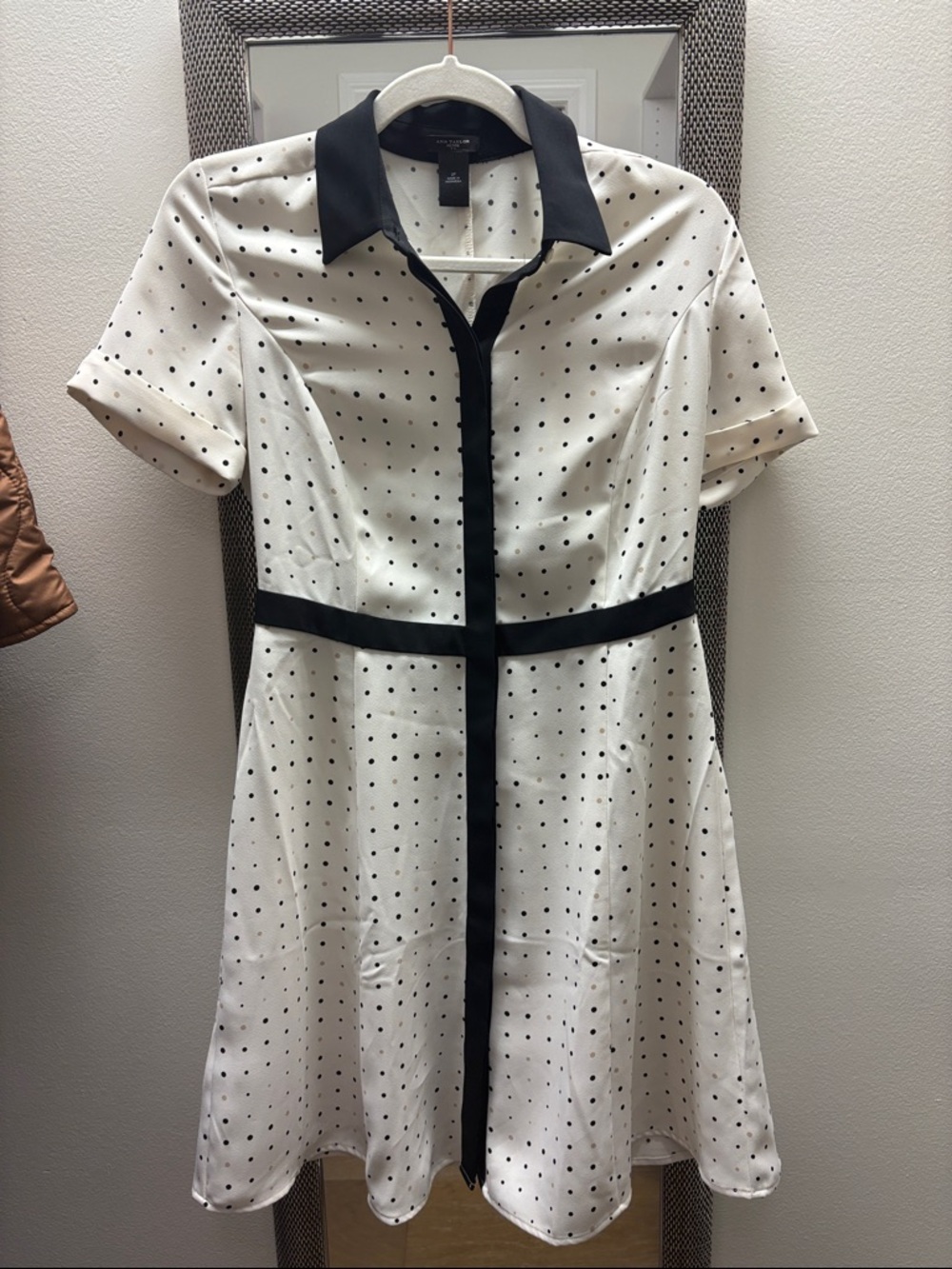 Ann Taylor Cream Polka Dot Shirt Dress with Black Trim